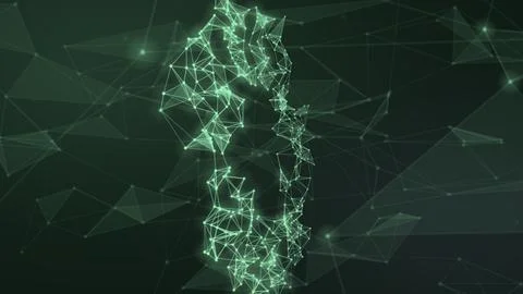 A luminous green vertical formation of connected nodes and translucent poly.. Illustrazione stock
