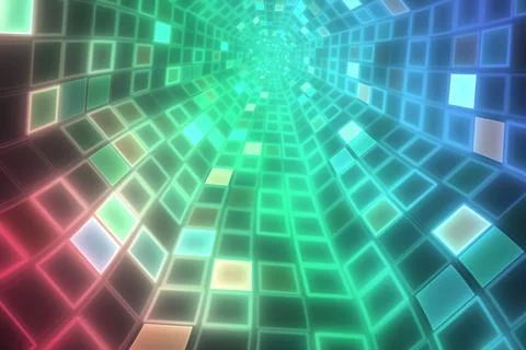 A luminous grid of square tiles bends into a deep perspective tunnel, blend.. Stock Illustration