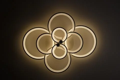 Luminous LED lamp on the ceiling. Bottom view. Stock Photos