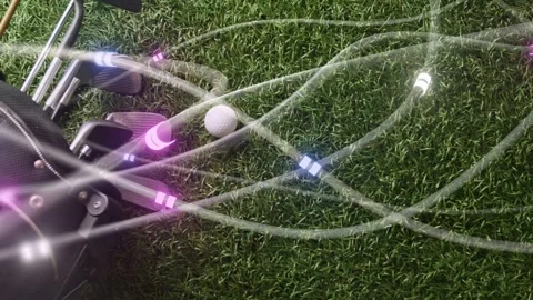 Luminous light strands sweeping turf and pulsing near golf ball, showcasing Stock Footage 333255761