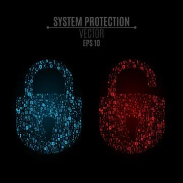 Luminous locks of blue and red colors from binary code. High technology in .. 스톡 일러스트