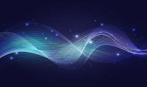 Luminous neon blue waves, abstract light shine effect, magic wind with glowing Stock Illustration