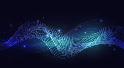 Luminous neon blue waves, abstract light shine effect, magic wind with glowing Stock Illustration