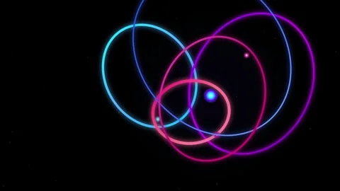 Luminous Neon Rings Orbiting Spheres Dark Background Motion Graphic Stock Footage 345832663