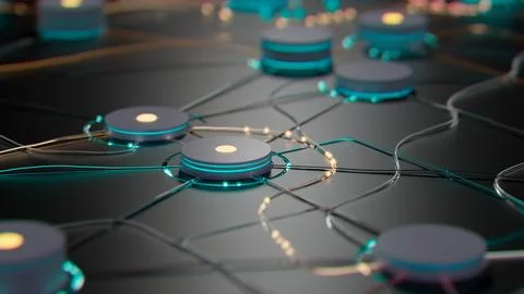 Luminous Network: A 3D Visualization of Interconnected Data Nodes Stock Illustration