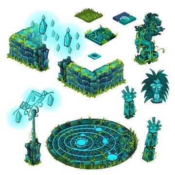 Luminous objects turquoise color. Totem, stone fence, lamppost. The set of Stock Illustration