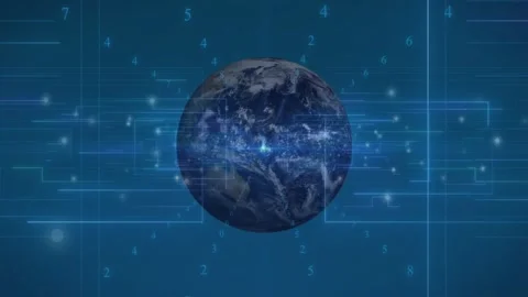 Luminous orb expanding into 3D Earth globe rotating while data band pulsing Stock Footage 328684962