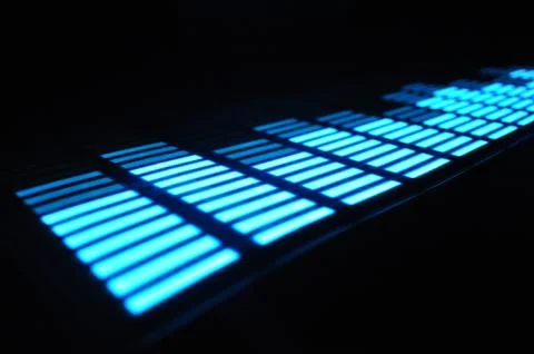 Luminous panel of pixels, with neon blue with green color and an equalizer Stock Photos
