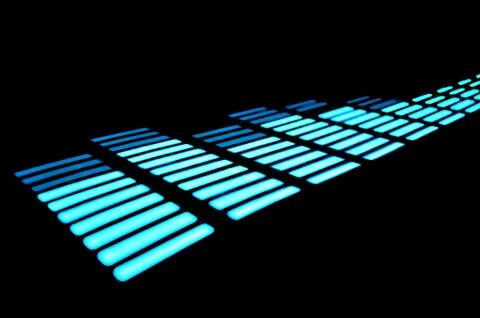 Luminous panel of pixels, with neon blue with green color and an equalizer 스톡 사진