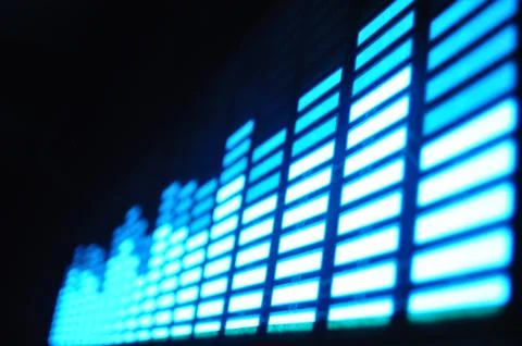 Luminous panel of pixels, with neon blue with green color and an equalizer 스톡 사진