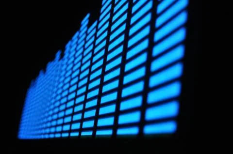 Luminous panel of pixels, with neon blue with green color and an equalizer 스톡 사진