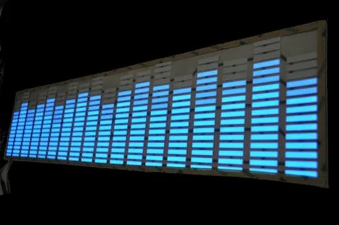 Luminous panel of pixels, with neon blue with green color and an equalizer 스톡 사진