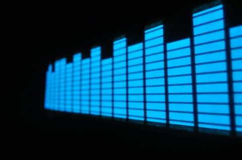 Luminous panel of pixels, with neon blue with green color and an equalizer 스톡 사진