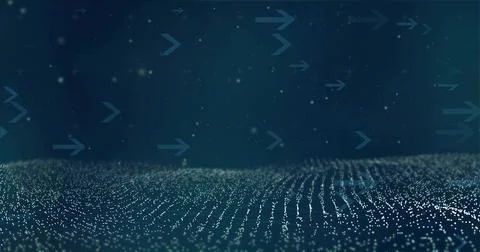 Luminous particle field developing traveling waves after arrow glyphs drifting, Stock Illustration
