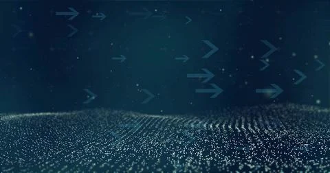 Luminous particle field developing traveling waves after arrow glyphs drifting, Stock Illustration
