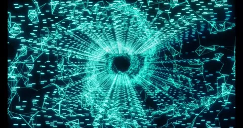 Luminous particles and thin lines twist into an endless spiral Video stock 333118231