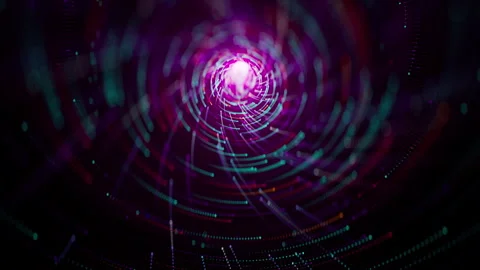 Luminous particles fly in a whirlpool or vortex in a tunnel. Visualization of Stock Footage 250450676