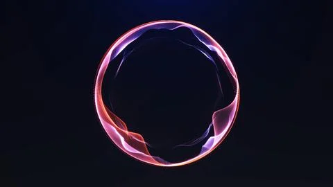Luminous pink orange energy ring with flowing mesh waves on dark background.. Stock Illustration