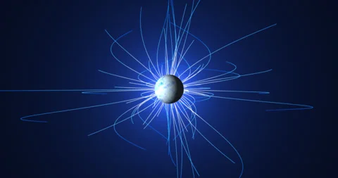 The luminous planet rotates in outer space, and the magnetic field lines div 库存影片 329448279