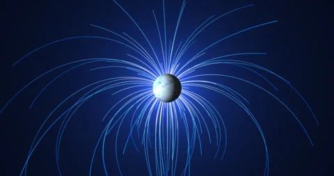 The luminous planet rotates in outer space, and the magnetic field lines div 库存影片 329448429