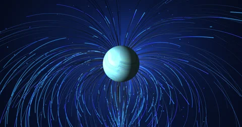 The luminous planet rotates in outer space, and the magnetic field lines div Stock Footage 329448971