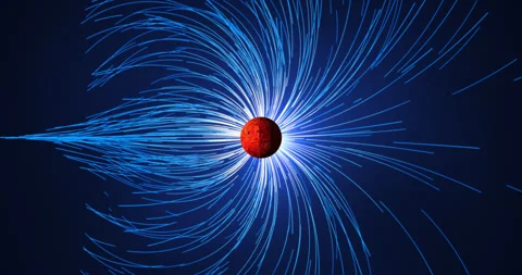 The luminous planet rotates in outer space, and the magnetic field lines div Video stock 329449254