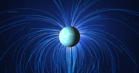 The luminous planet rotates in outer space, and the magnetic field lines div Vidéo 329450305