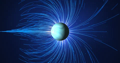 The luminous planet rotates in outer space, and the magnetic field lines div Video stock 329450907