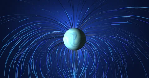 The luminous planet rotates in outer space, and the magnetic field lines div Video stock 329450948