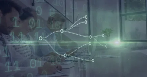 Luminous pulse entering network node traveling with team writing notes on data 스톡 동영상 311902132