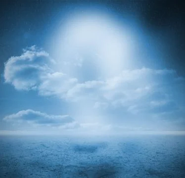 Luminous question mark cloud is hovering over flat design ocean scene with rain Stock Photos