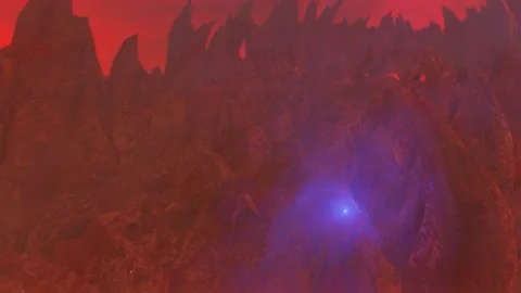 A luminous sphere flies on the surface of a space landscape with thick fog. loop Stock Footage 155171563