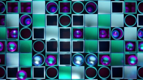 Luminous spheres glide over a checkered array, casting a dance of light in a 3D Stock Footage 265424147