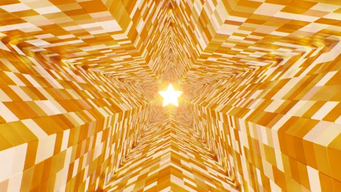 Luminous Star Shape Endless Tunnel Of Shiny Golden Reflective Panels Stock Footage 309379559