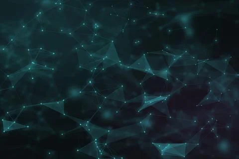 A luminous teal network of nodes and translucent geometric forms spreads ac.. Stock Illustration
