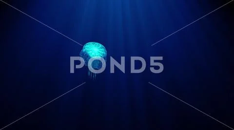 Luminous transparent jellyfish slowly floats deep under water in the rays of Stock Illustration