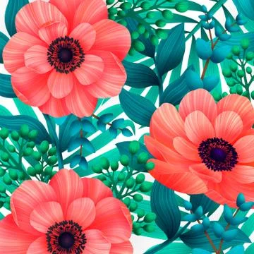 Luminous tropical background with 3d style wild coral flowers Stock Illustration
