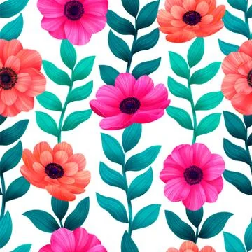 Luminous tropical seamless pattern with 3d style flowers and leaves on white Stock Illustration