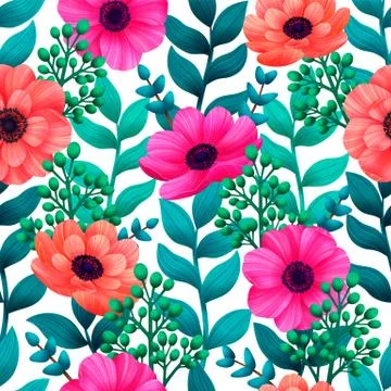 Luminous tropical seamless pattern with 3d style flowers and leaves on white Stock Illustration