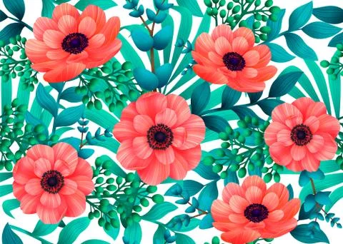 Luminous tropical seamless pattern with 3d style flowers and leaves on white Stock Illustration