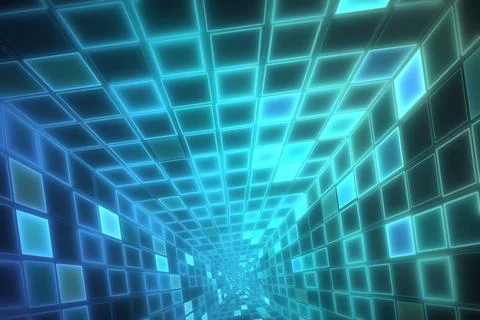 A luminous tunnel of rectangular grid panels converges toward a central van.. Stock Illustration