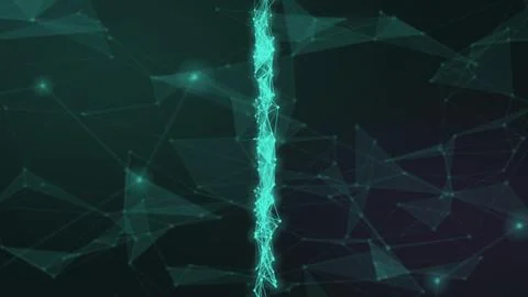 A luminous turquoise column of tangled lines divides a dark abstract field,.. Stock Illustration