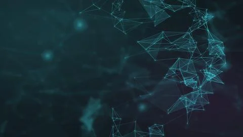 A luminous turquoise web of nodes and angular connections rises through a d.. Stock Illustration