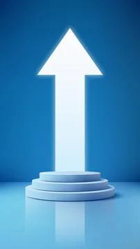 Luminous White Arrow Soaring from Three Tiered Podium on Blue Background Sy.. Stock Illustration