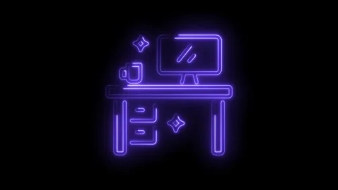 Luminous workspace animation featuring neon desk computer cup and stars per.. Stock Footage 345990892