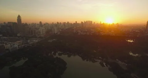 Lumphini Park In Central Bangkok At Sunrise, Aerial Drone Footage Stock Footage