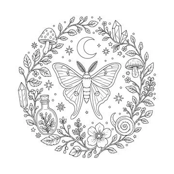 Luna Moth Embroidery Pattern, Mystical Woodland Hand Embroidery, Cottagecore Stock Illustration