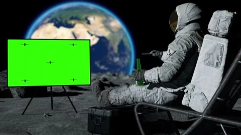 Lunar astronaut drinking beer while sitting in a lounge chair on the surface of Stock Footage 244948367