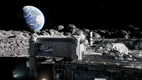 Lunar base activity, Outpost with docking and observation facilities Stock Footage 331531597