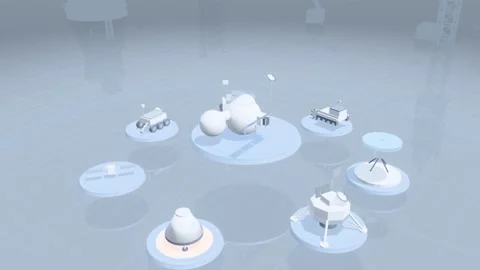 Lunar Base Dome Circled By Rovers And Planetary Exploration Platforms In A Stock Footage 344103554